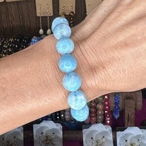 Natural Larimar Round 10mm Beaded Stretch 7" Bracelet Blue Caribbean Gemstone